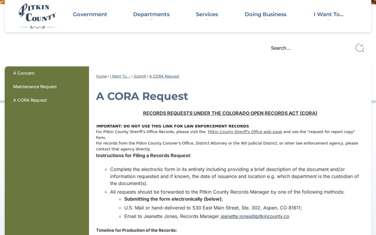 Blank Pitkin County CORA request page directing court and law enforcement records elsewhere