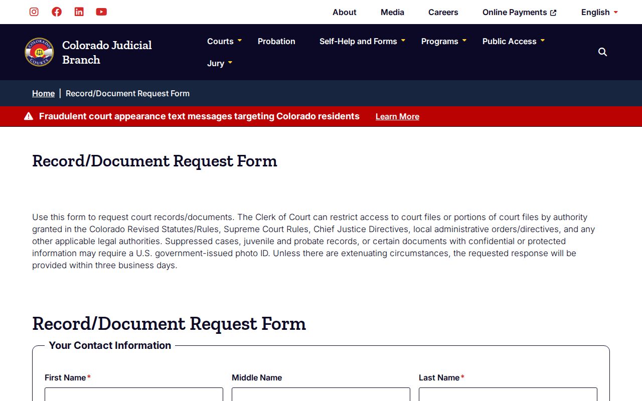 Colorado Judicial Branch court record request form for Pitkin County case documents