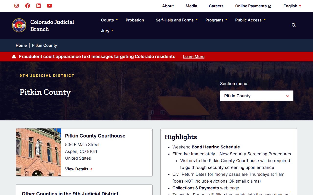Official Pitkin County Combined Court page with court and virtual hearing links
