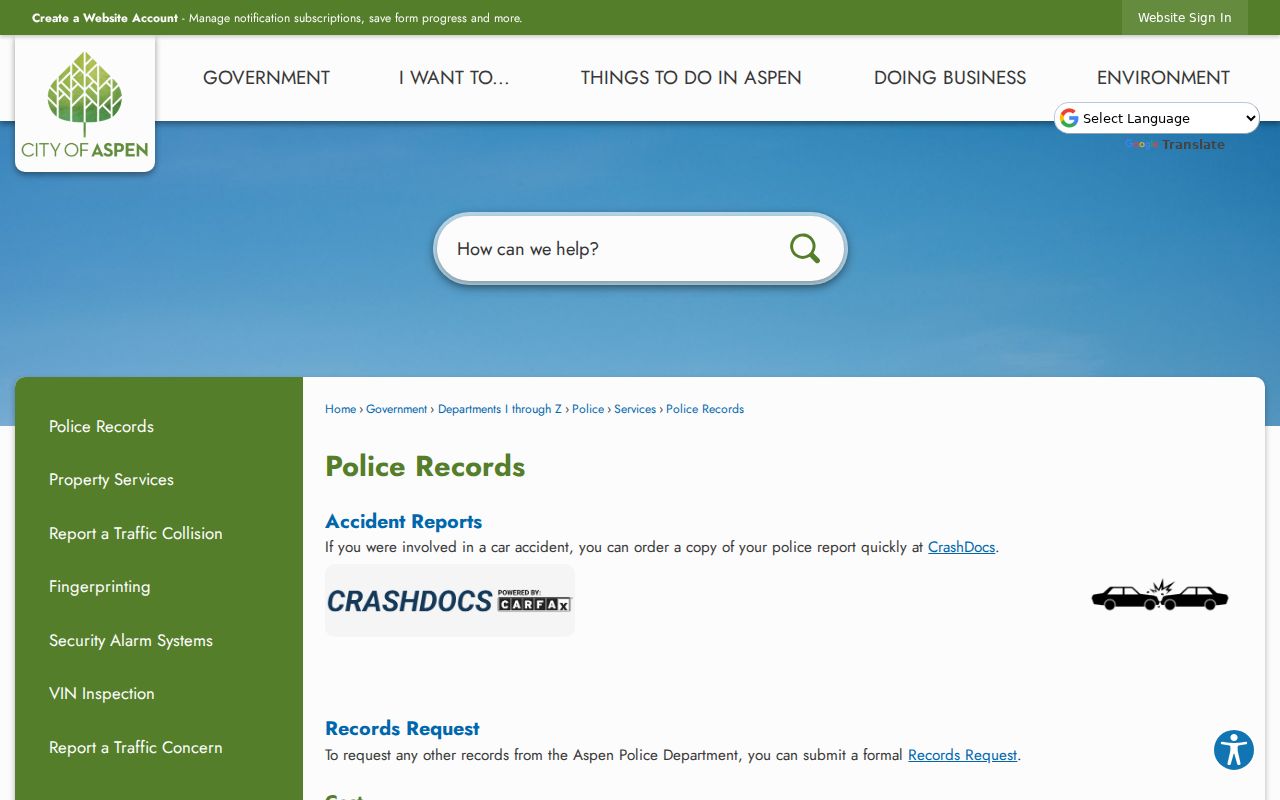 Official Aspen police records page describing report and arrest history services
