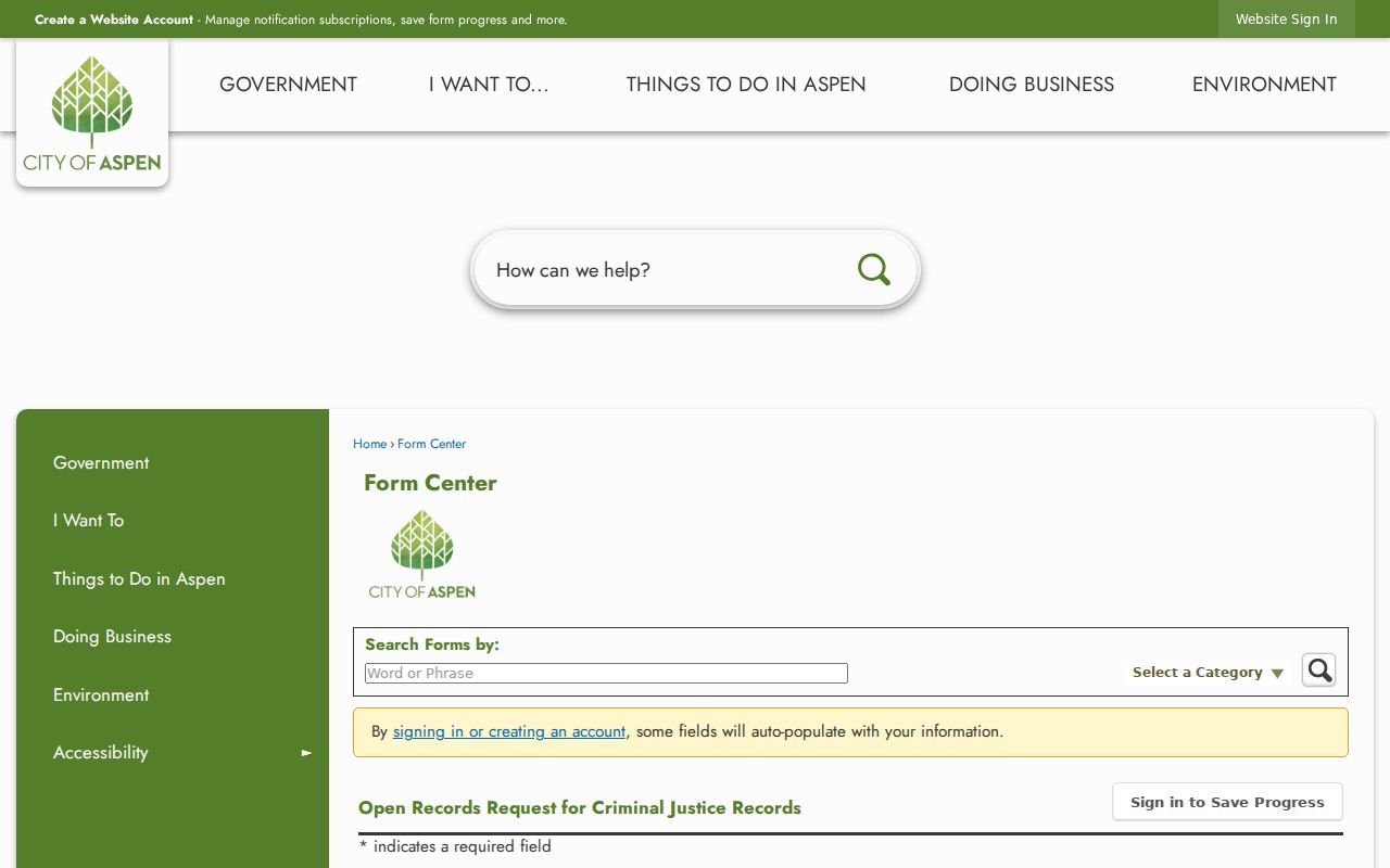 Blank Aspen criminal justice records request form