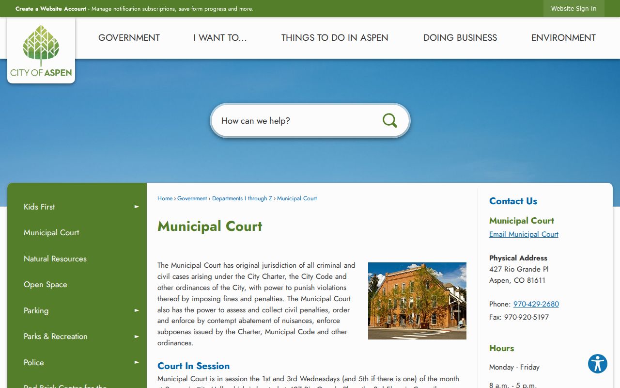 Official Aspen Municipal Court page showing local jurisdiction and contact