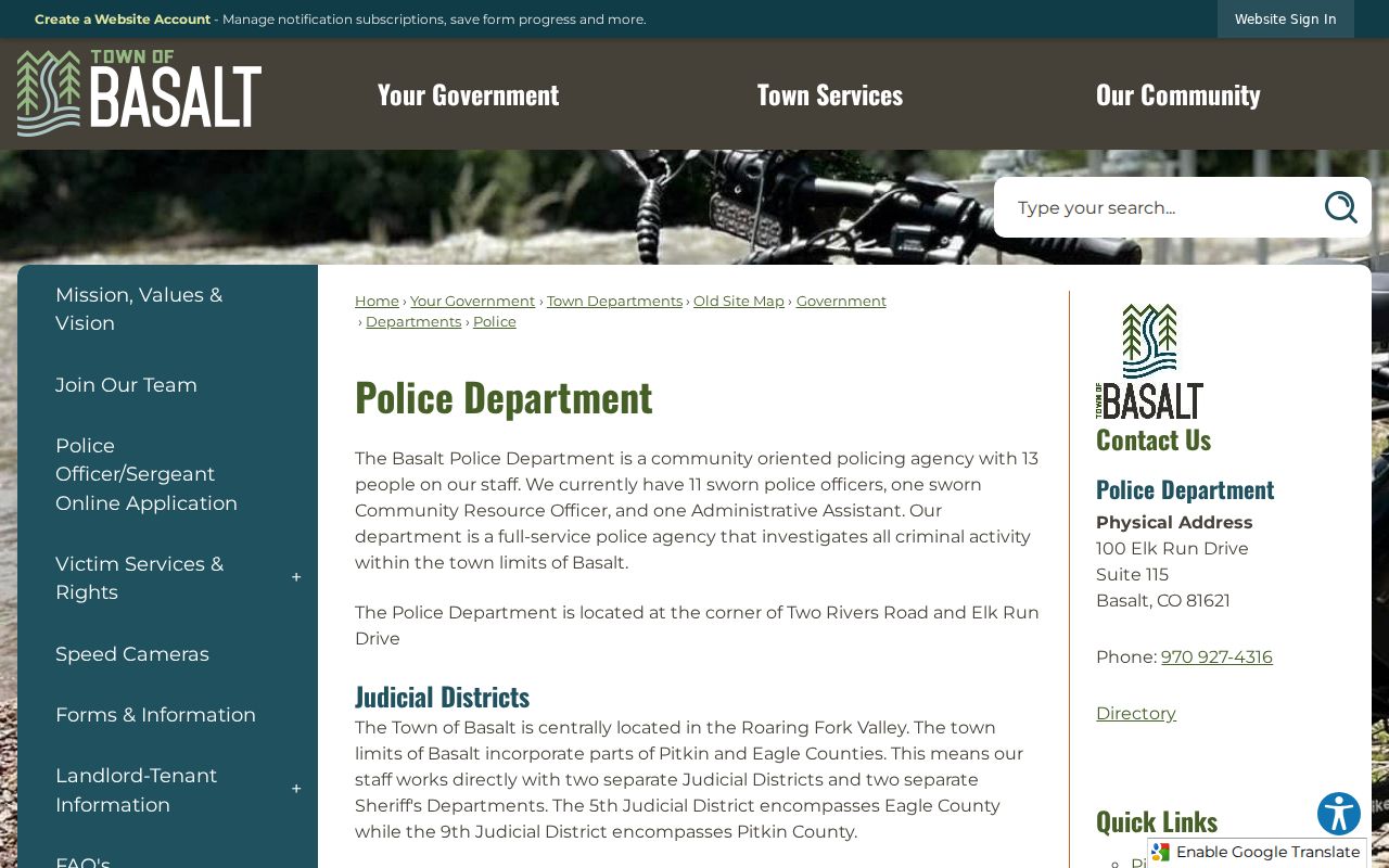 Basalt Police page showing the town's Pitkin and Eagle County context