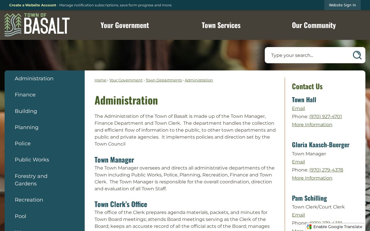 Basalt Town Clerk and municipal court contact page