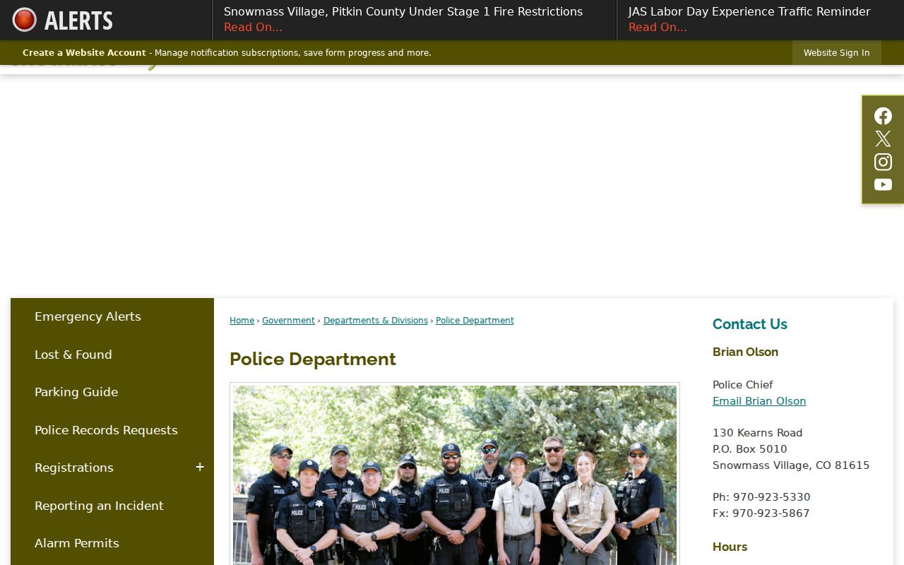 Snowmass Village Police page with separate ticket and records routes