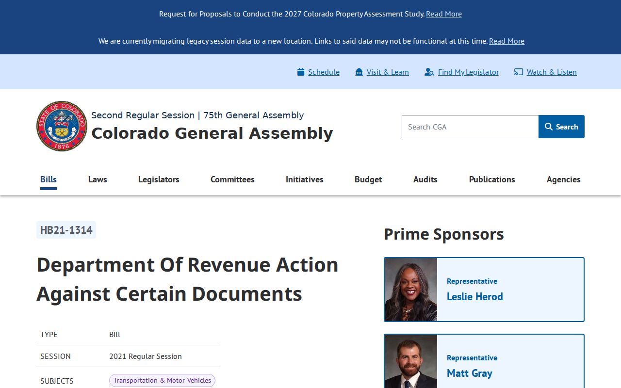 Colorado HB21-1314 official page on traffic warrant and license consequences