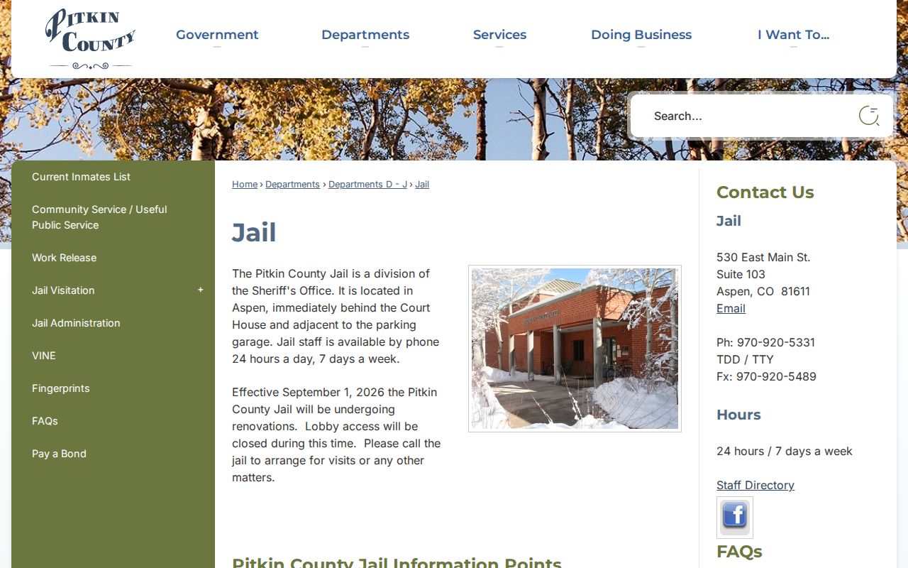 Pitkin County Jail official information page for custody and bond contacts